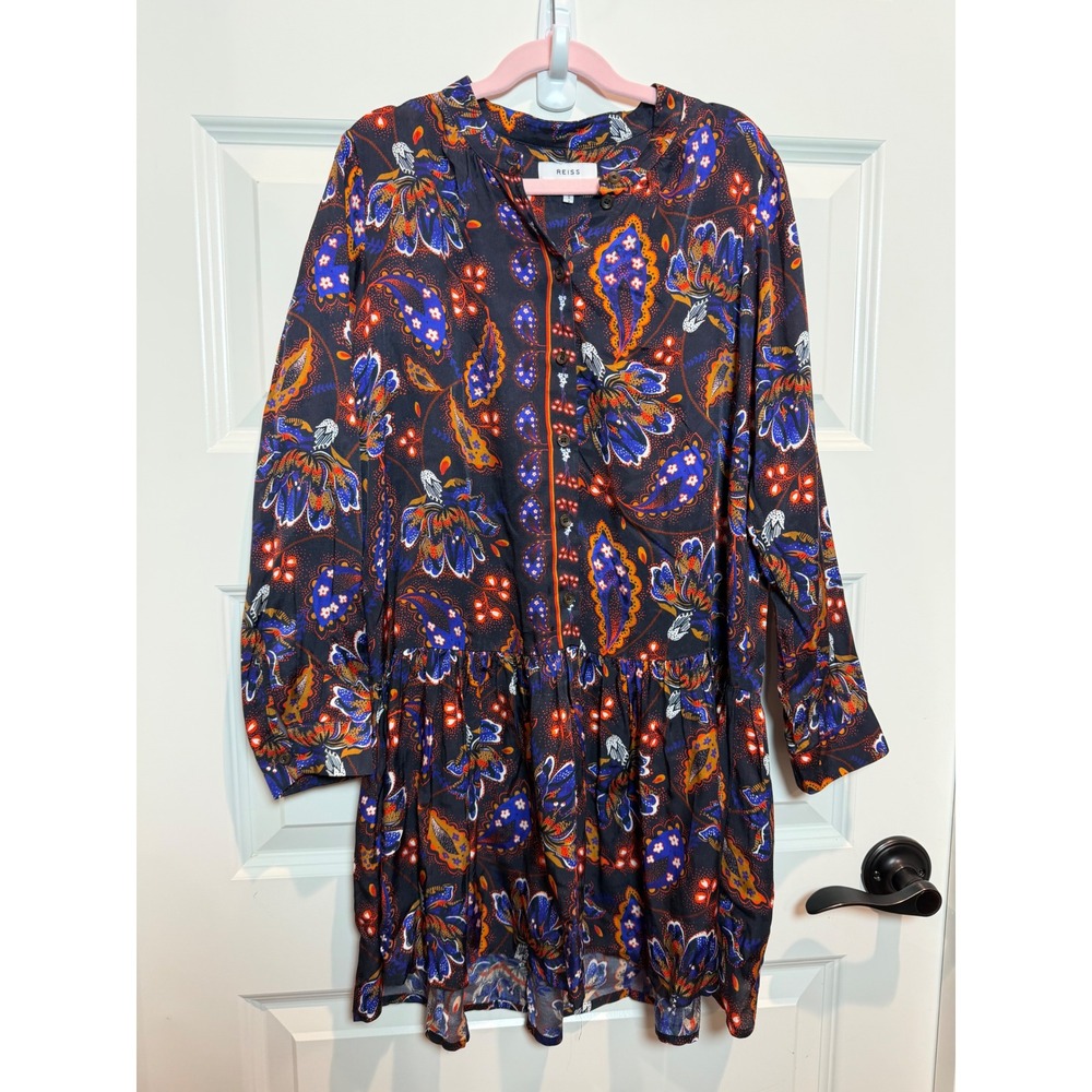Reiss Kids Navy Paisley Floral Drop Waist Button Front Dress Size 8-9Y 134cm